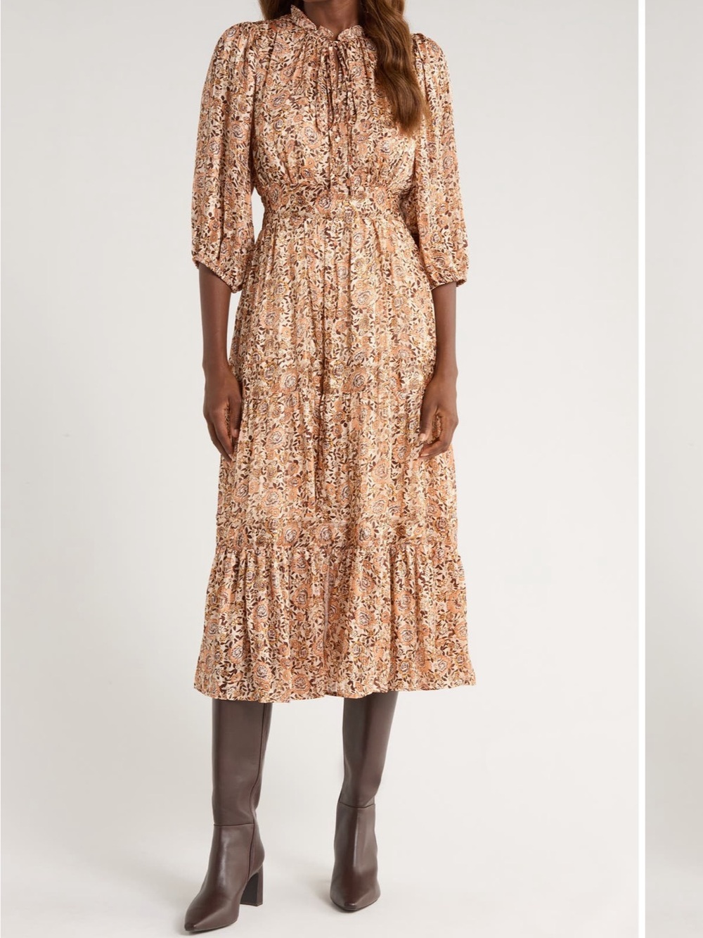 MELLODAY Floral Tiered Maxi Dress in Rust and Cream